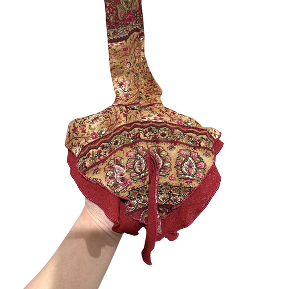 2000s Y2K Trixxi Womens Paisley Mesh Top Burgundy Gold Tiered Bell Sleeve Boho M - Picture 3 of 5